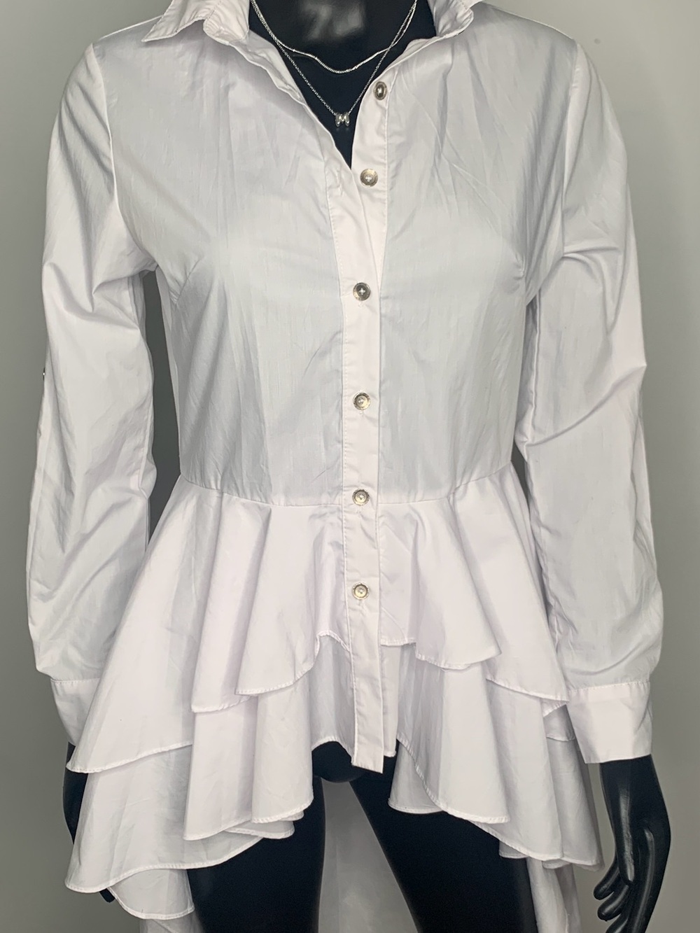White Ruffled High-Low Button-Down Shirt - Picture 7 of 7